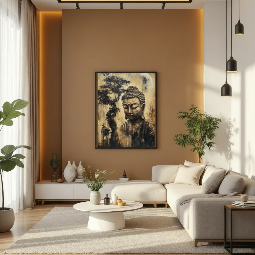 Modern living room with a Buddha painting on the wall, white sofa, and decorative items.