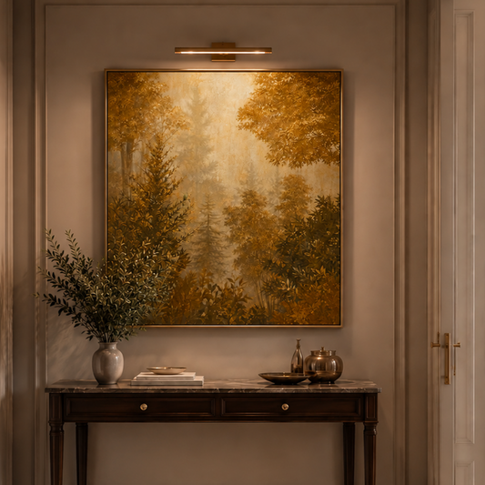 A large framed forest painting with golden and green trees hangs on a beige wall above a dark wood console table in an elegant interior hallway.