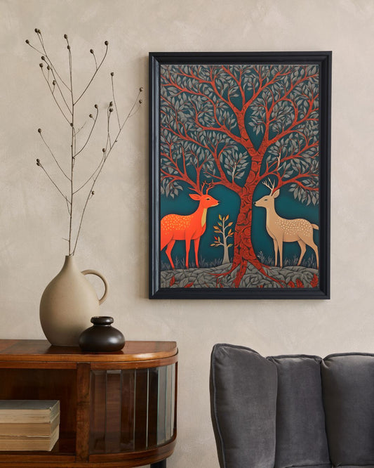 Gond Art Tree of life - Black Frame with Gold Lining 18.5 x 24 inches