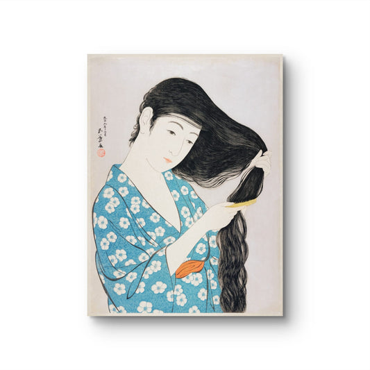 Artistic depiction of a woman in a blue floral kimono combing her hair on a beige background.