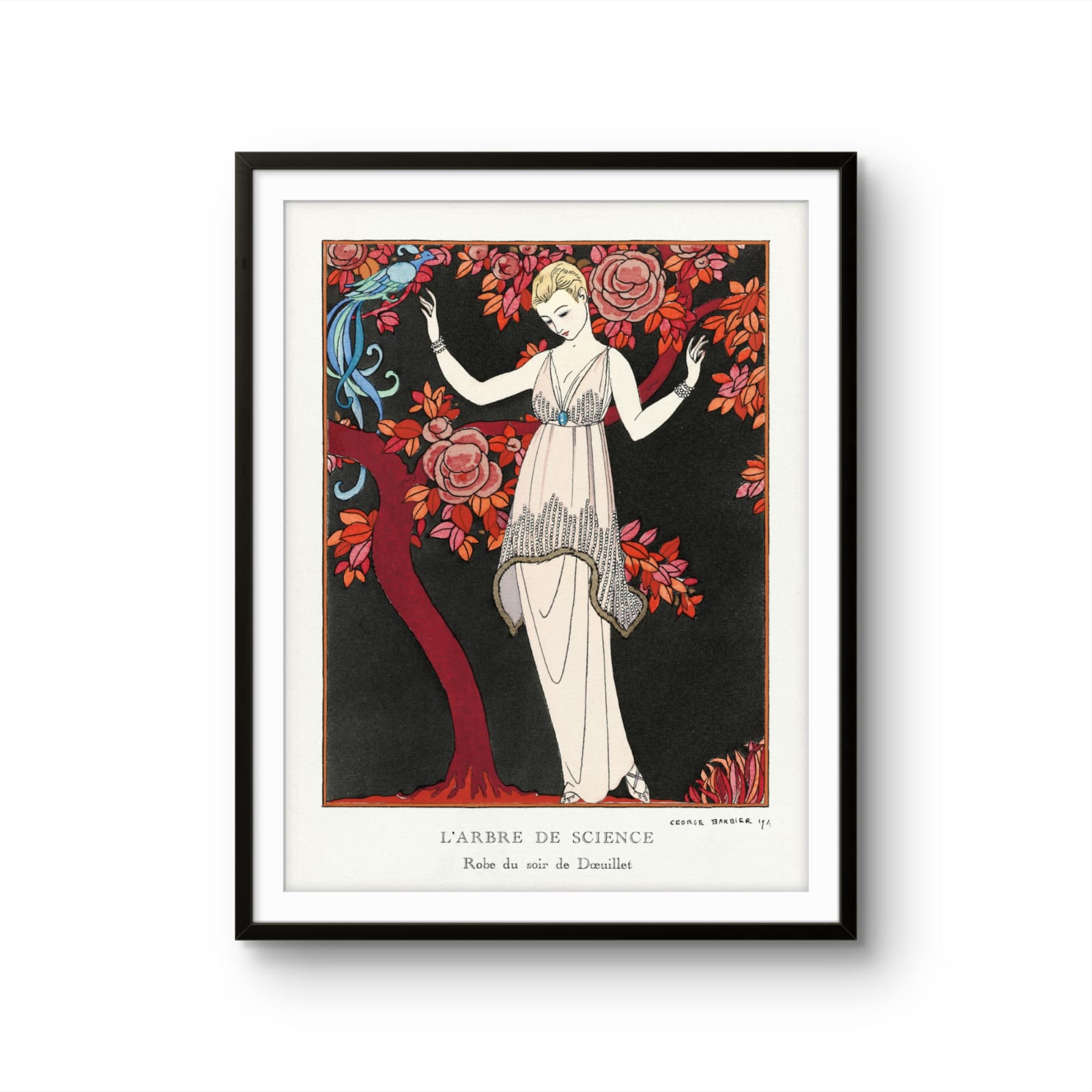 Framed art print of a woman in a dress standing next to a tree with flowers and a bird.