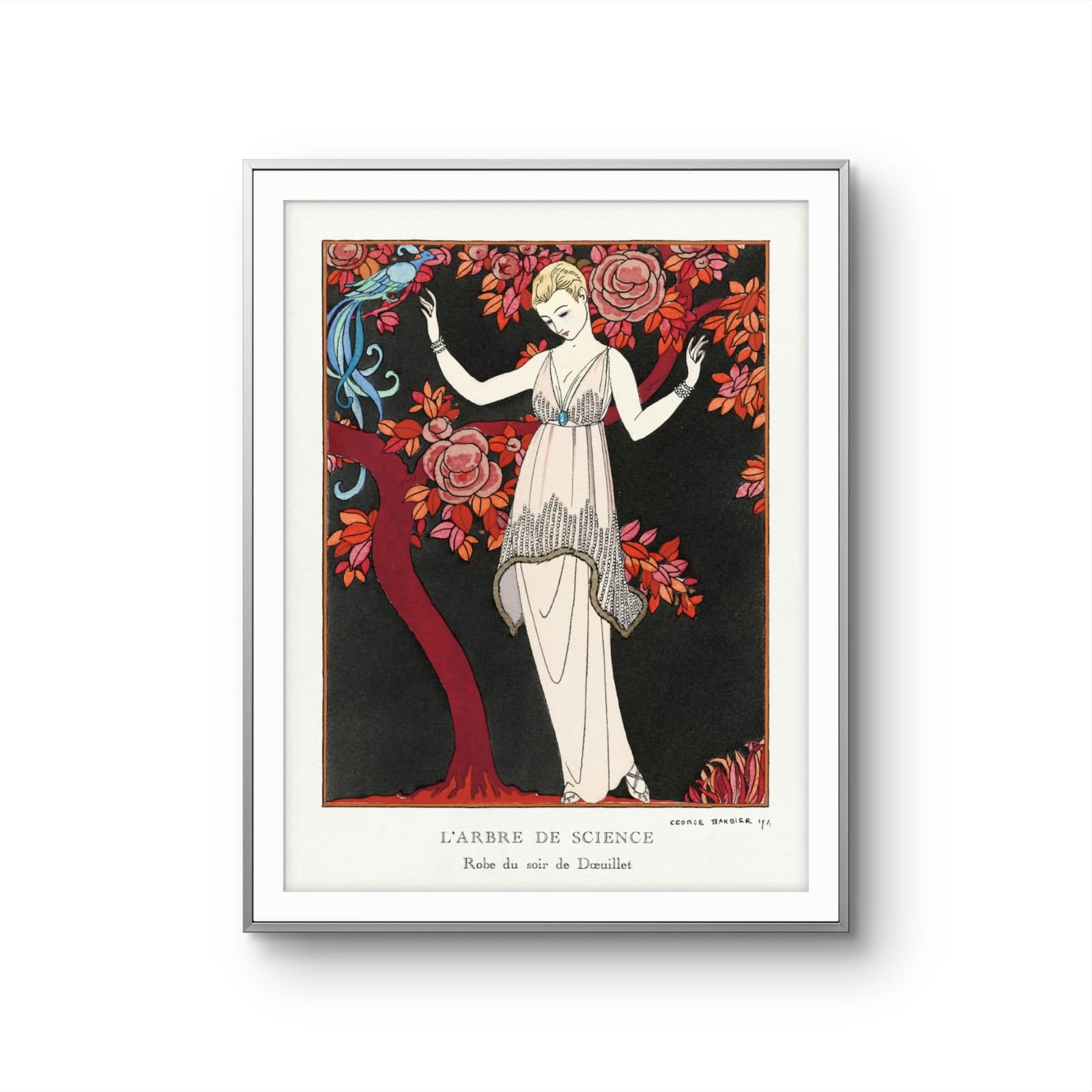 Framed art print of a woman in a dress standing next to a tree with flowers and a bird.