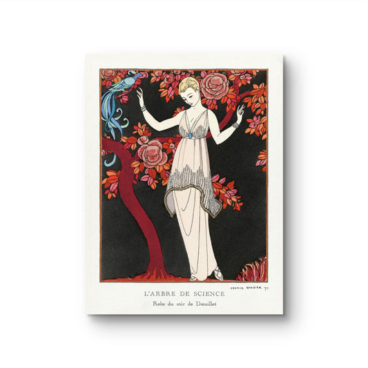Vintage-style illustration of a woman in a white dress with floral and tree design elements.