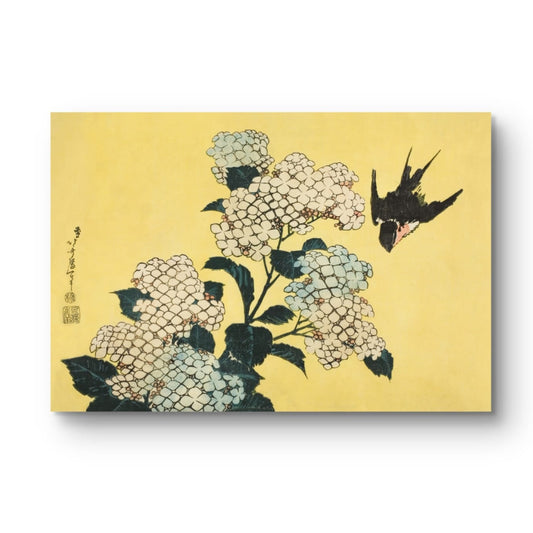 Traditional Japanese artwork of flowers and a bird on a yellow background