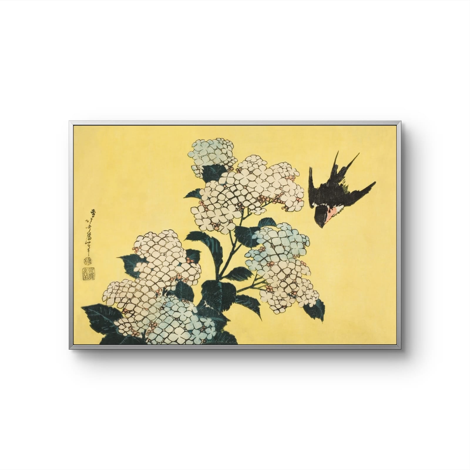 Framed artwork of flowers and a bird on a yellow background