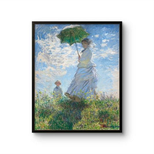 Framed painting of a woman with an umbrella in a field by Monet