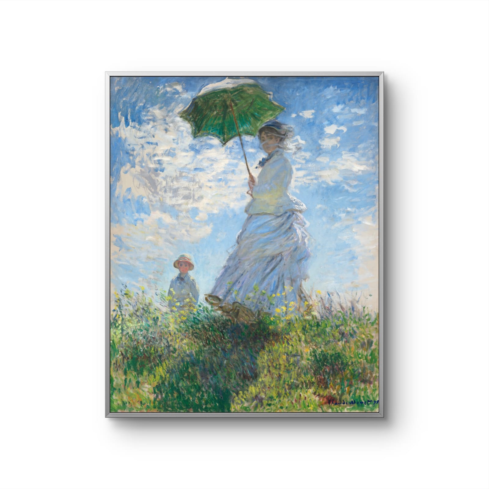 Framed painting of a woman with an umbrella in a field by Monet