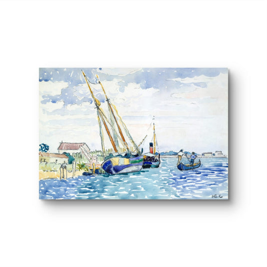 Painting of a harbor scene with boats and people on a white background