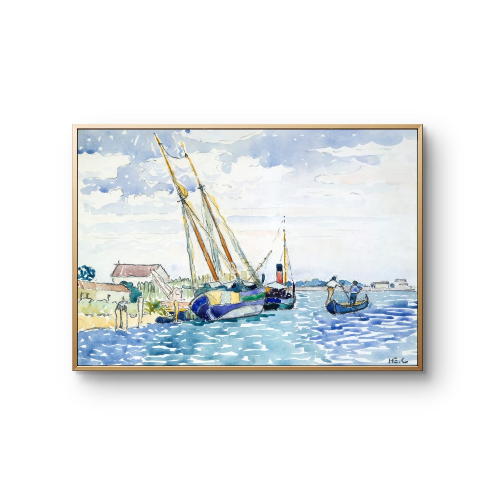 Framed artwork of a harbor scene with boats and people on a white background
