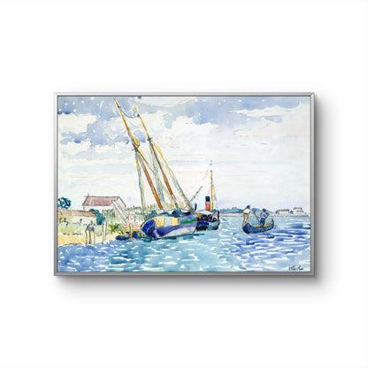 Framed artwork of a coastal scene with boats and people on a white background