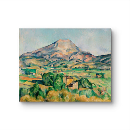 Painting of a mountain landscape with green fields and houses, likely by Paul Cezanne.
