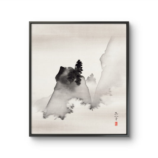 Framed artwork of mountains and trees with a minimalistic design.