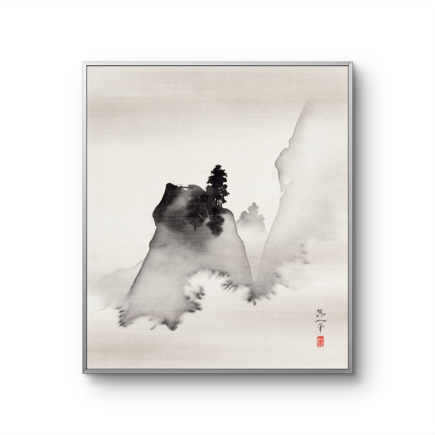 Framed artwork of a mountain landscape with a tree, minimalistic style.