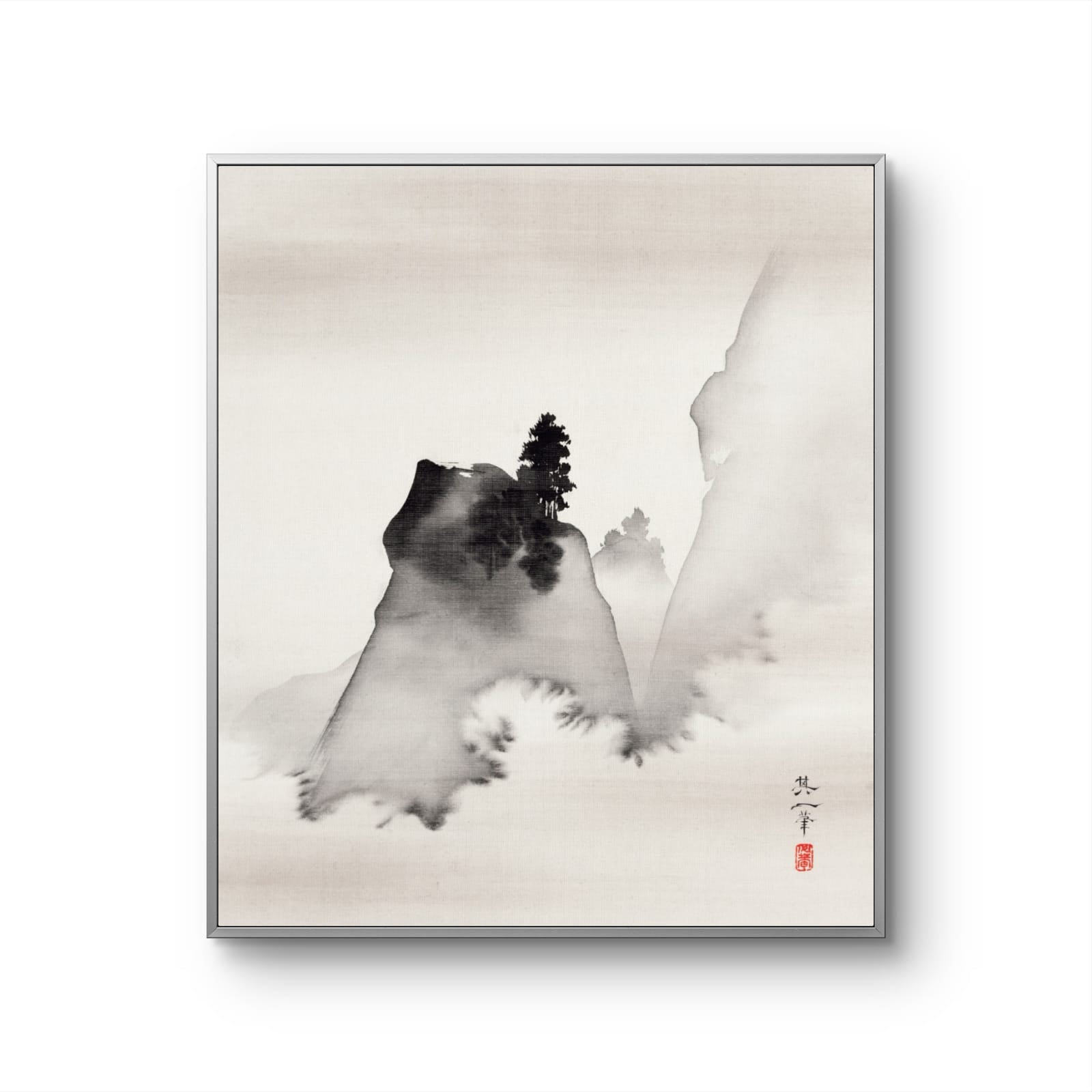 Framed artwork of a mountain landscape with a tree, minimalistic style.
