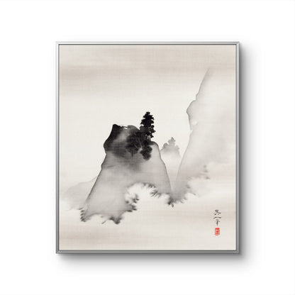 Framed artwork of a mountain landscape with a tree, minimalistic style.