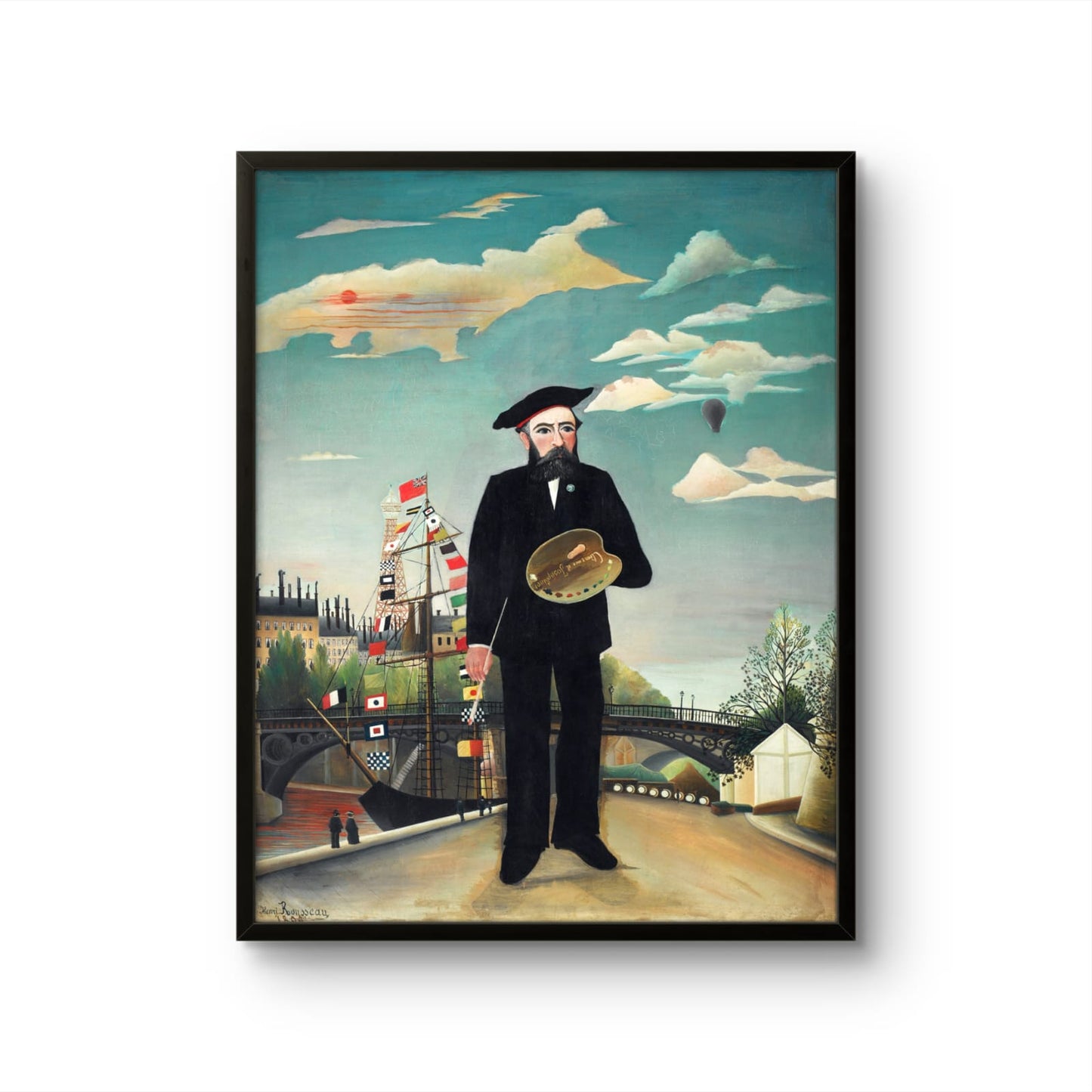 Framed artwork of a man holding a painting with a cityscape and sky background.