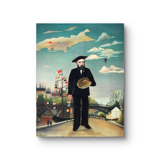 Painting of a man in a suit holding a paint palette against a cityscape with clouds and flags.