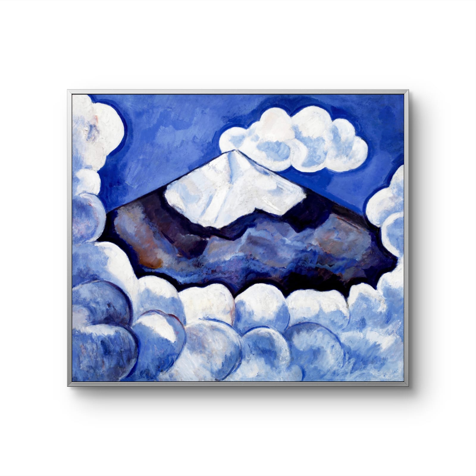 Framed artwork of a blue and white abstract design with geometric shapes.