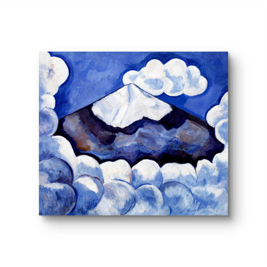 Artistic depiction of a mountain peak with clouds in blue and white tones.