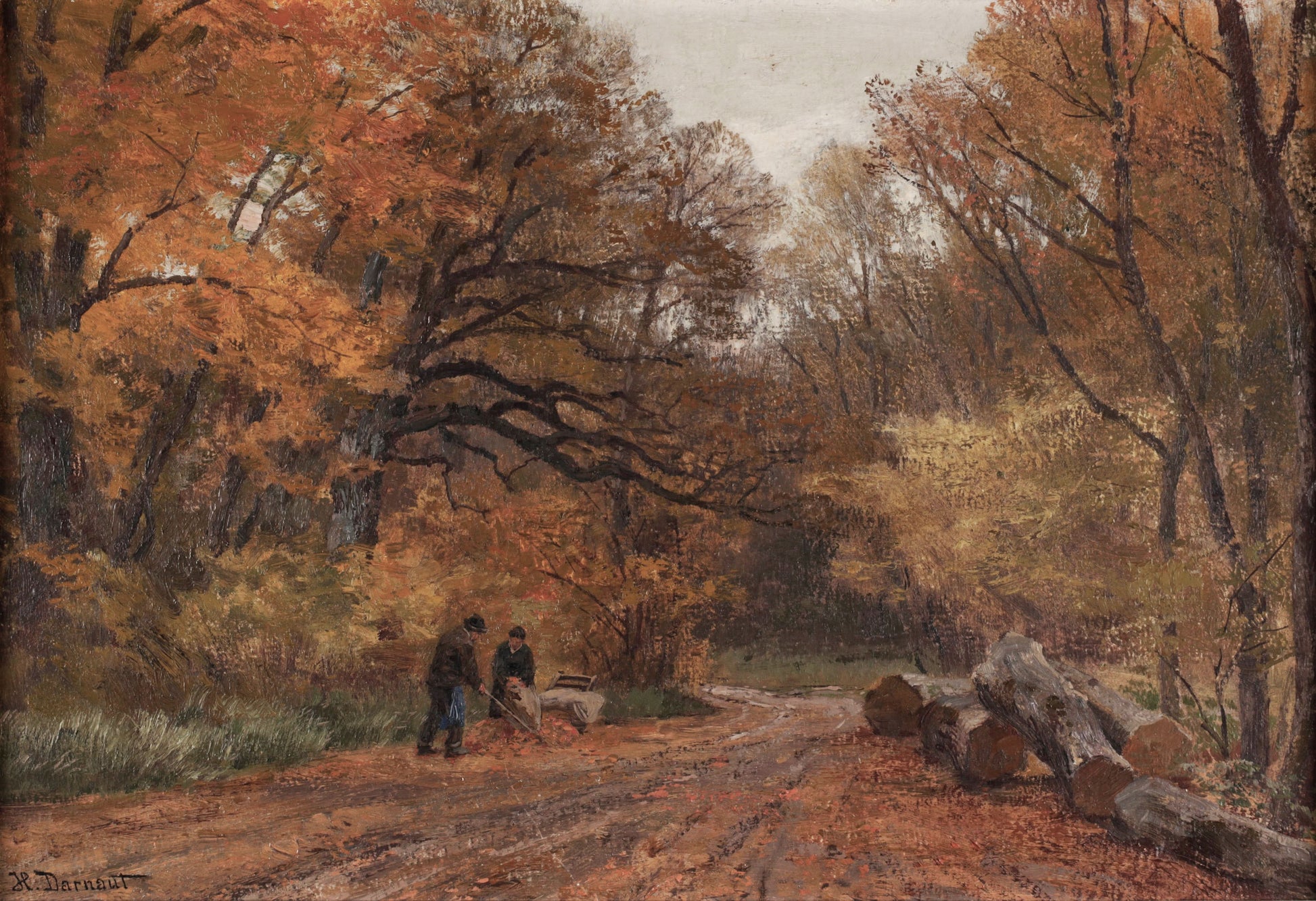 Painting of a forest path with people and logs, featuring autumn colors.