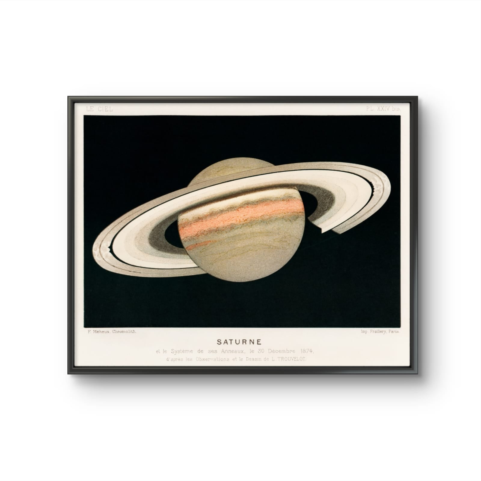 Framed artwork of Saturn on a black background