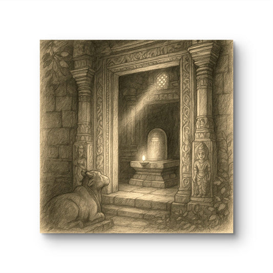 Artistic depiction of a stone temple interior with a statue and a lion.