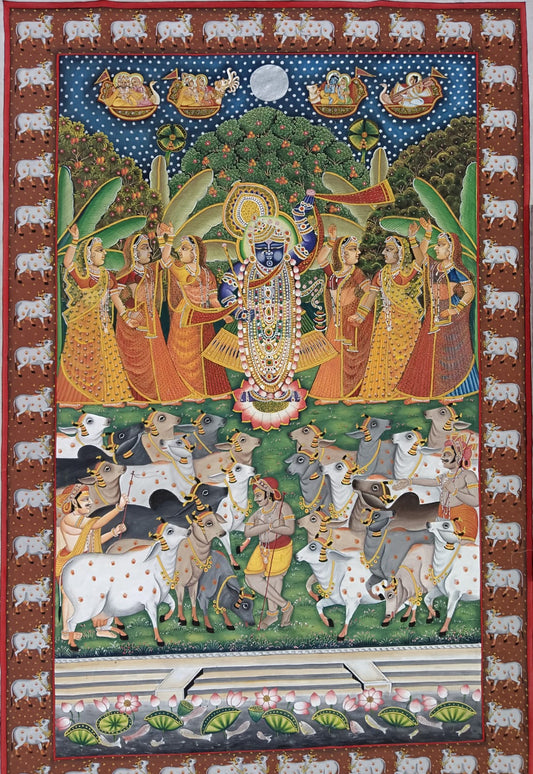 Hand Painted Pichwai Shrinathji with Cows on Fabric Dark Blue (3ft by 4ft) Unframed