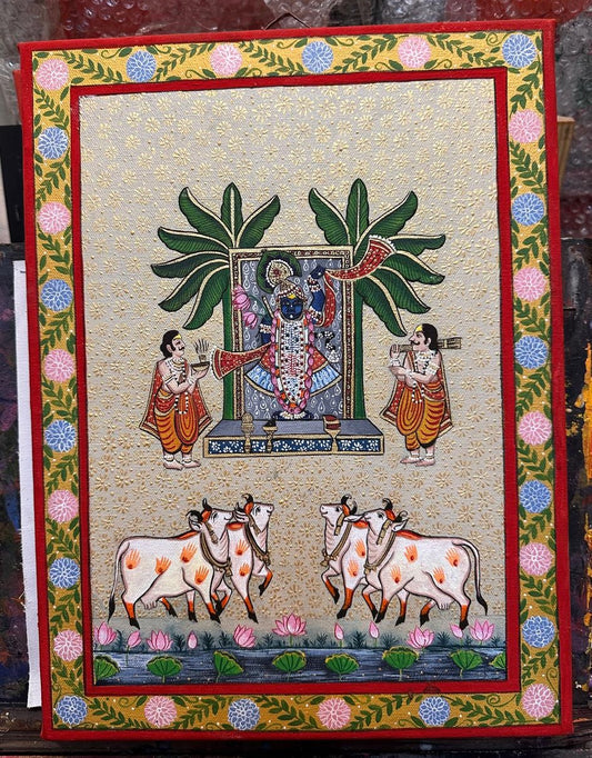 Hand Painted Pichwai Shrinathji and Cows (1ft by 1.5ft) Unframed