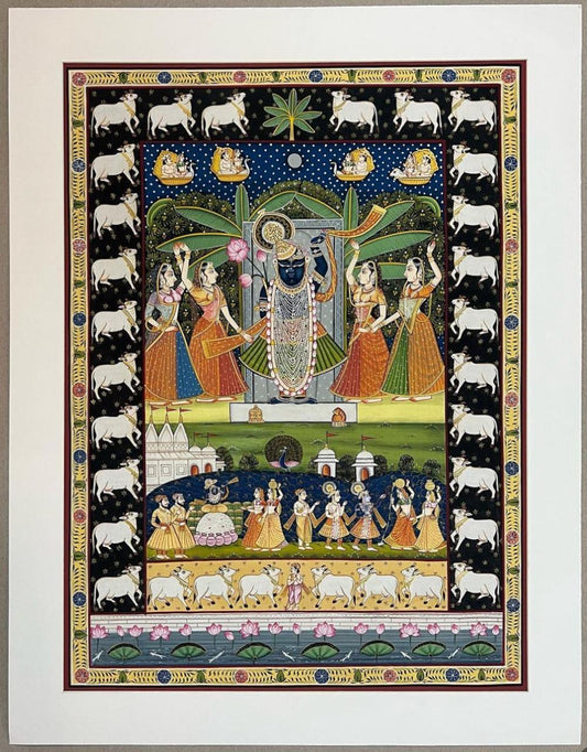 Hand Painted Pichwai Shrinathji & Cows on Red Fabric (3ft by 5ft) Unframed