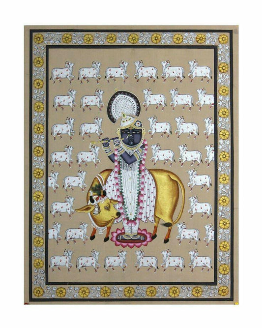 Hand Painted Pichwai Shrinathjii Cows (3ft by 5ft) Unframed