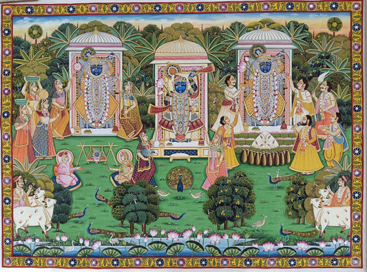 Hand Painted Pichwai 3 Roop Shrinathji with Cows on Fabric (6ft by 4ft) Unframed