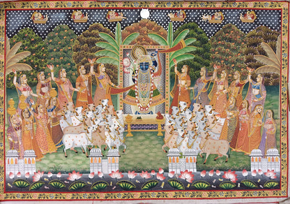 Hand Painted Pichwai 3 Roop Shrinathji with Cows Celebration on Fabric (6ft by 4ft) Unframed