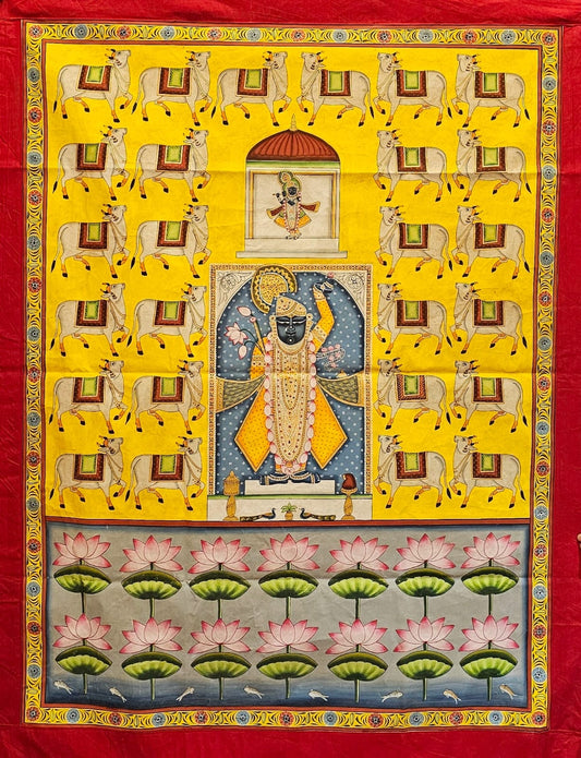 Hand Painted Pichwai Shrinathji & Cows on Fabric (3ft by 4ft) Unframed