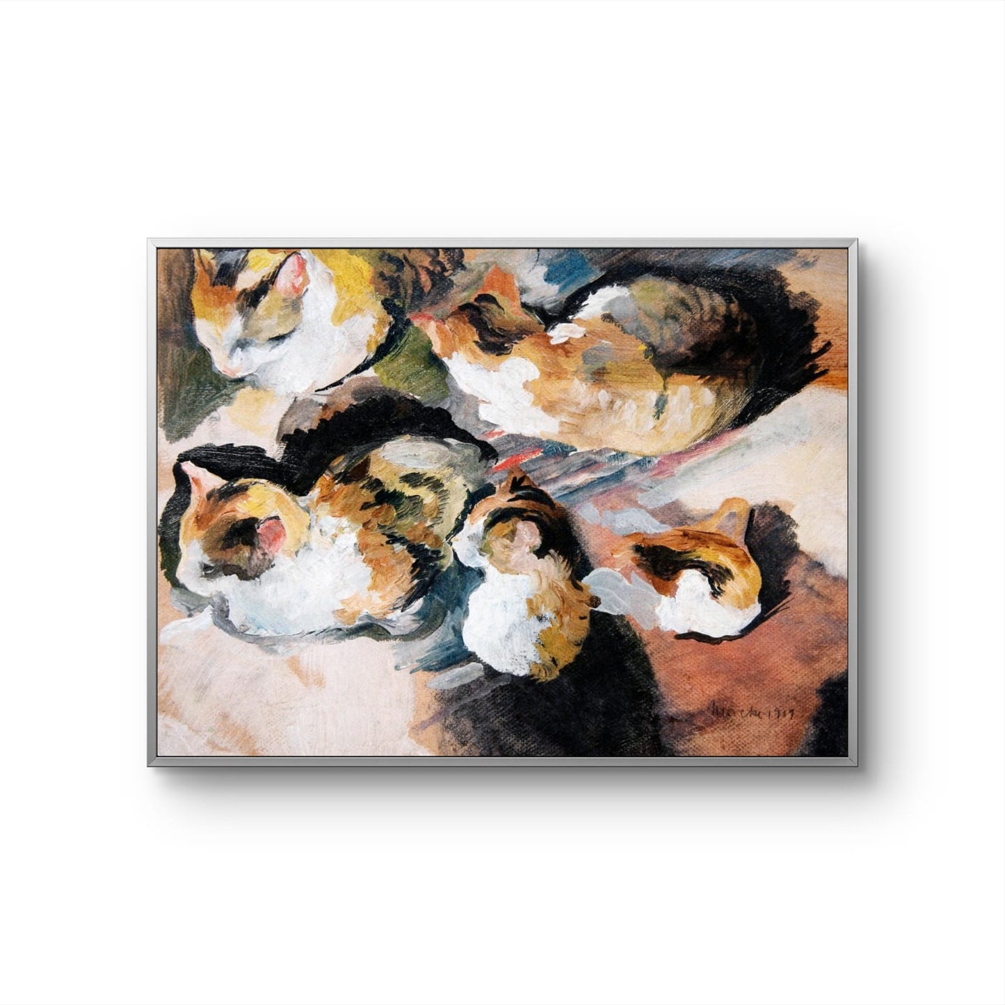 Framed artwork of calico cats on a white background