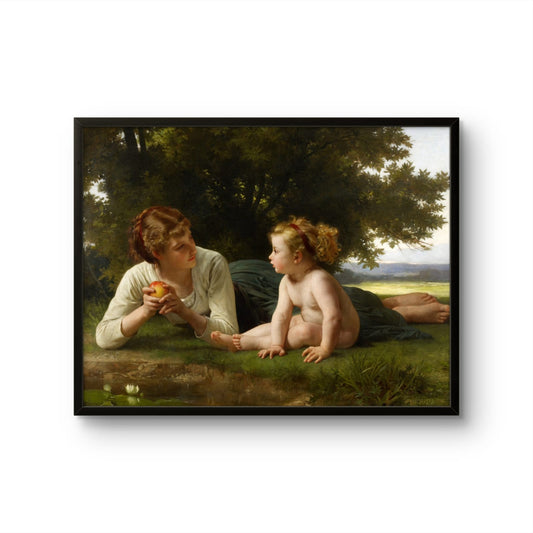 Framed artwork of a woman and child in a natural setting