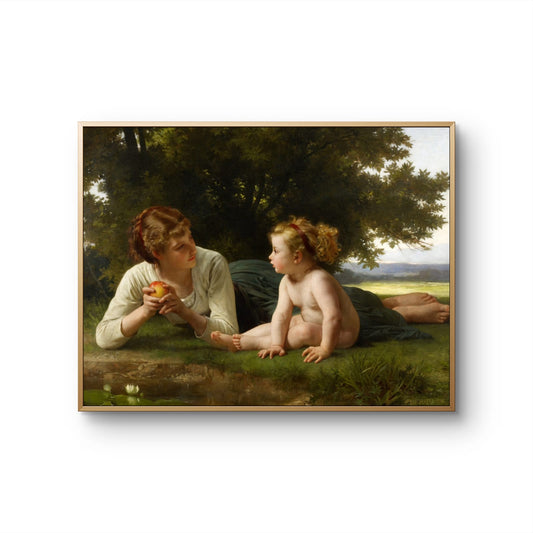 Framed artwork of a woman and child in a natural setting