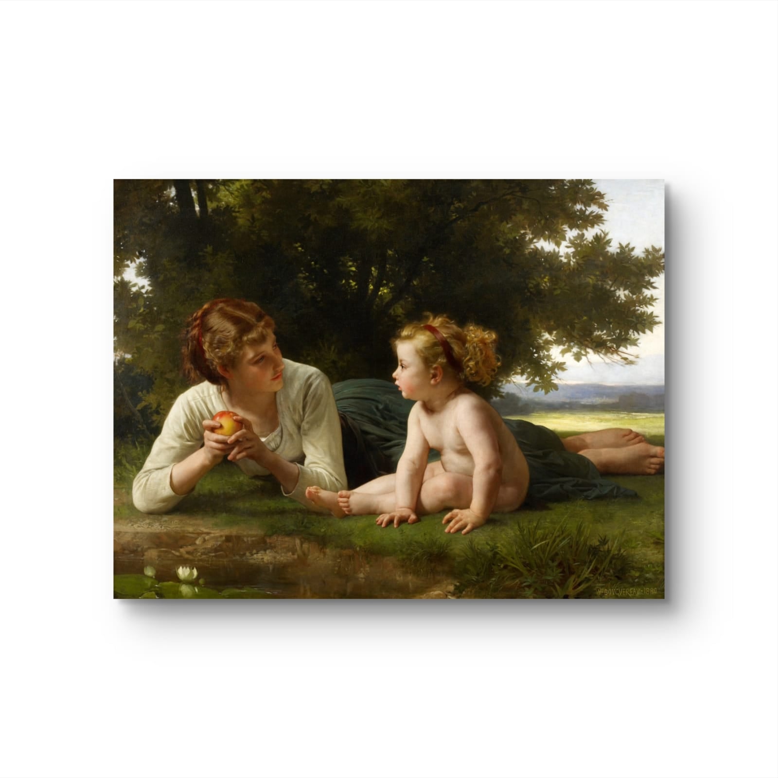 Painting of two children in a natural setting with trees and grass.