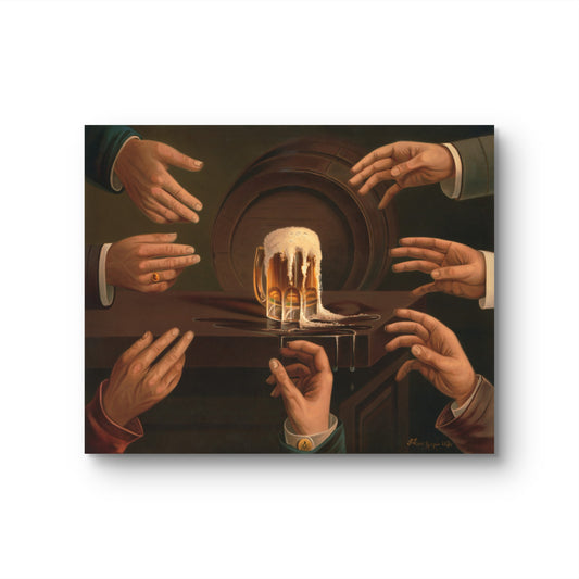 Artistic depiction of multiple hands reaching towards a glass of beer.
