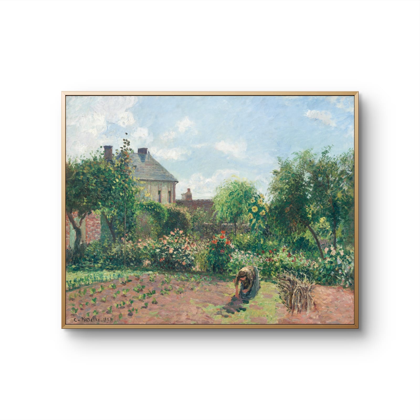 Framed painting of a garden scene with a house and people in a field.