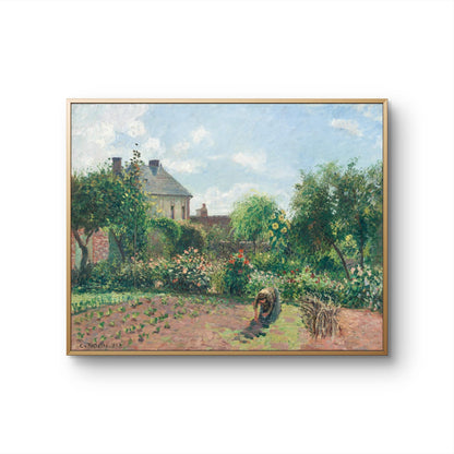 Framed painting of a garden scene with a house and people in a field.
