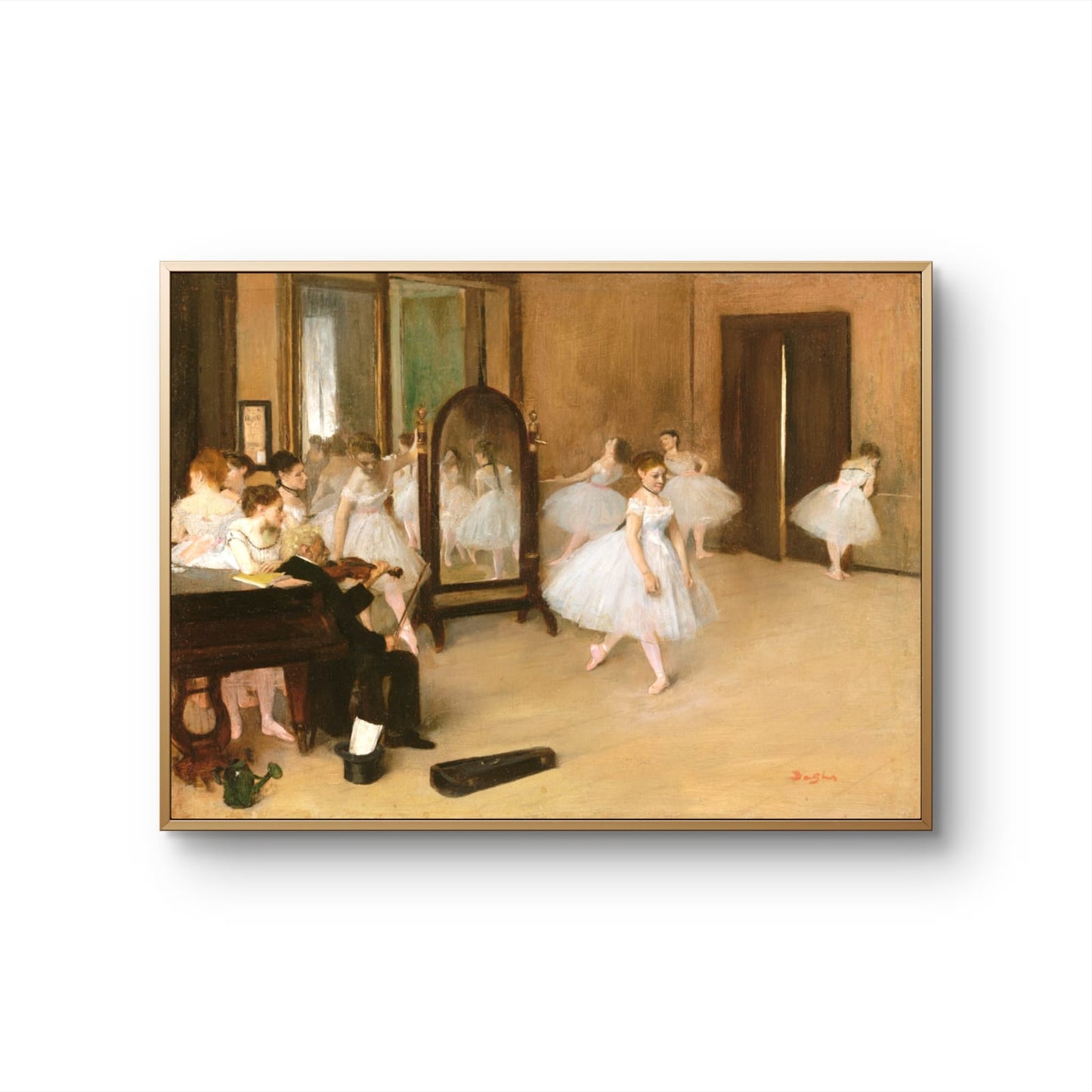 Framed painting of a dance class with dancers and a pianist.