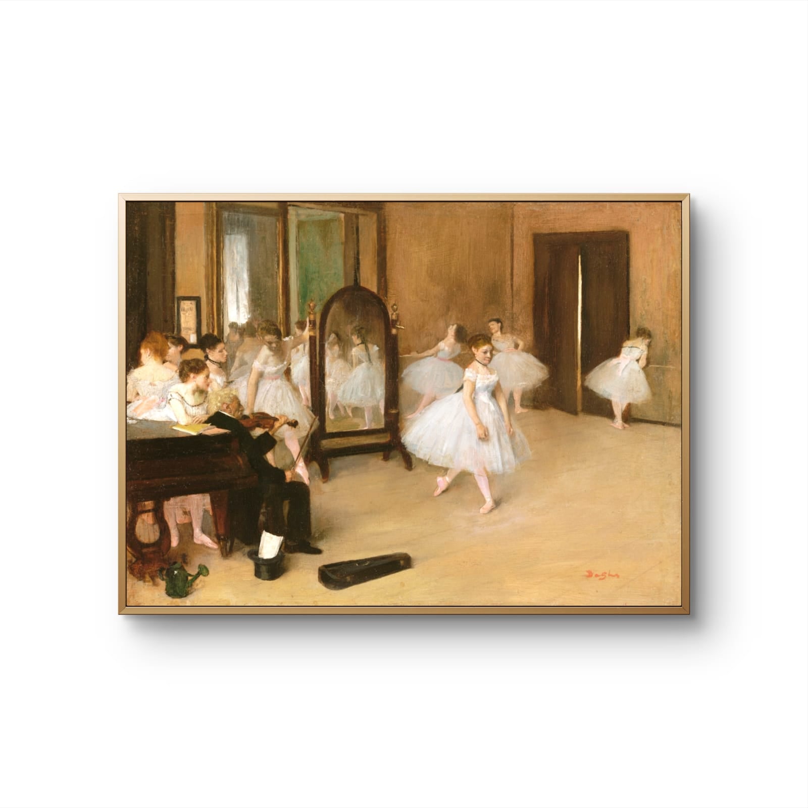 Framed painting of a dance class with dancers and a pianist.