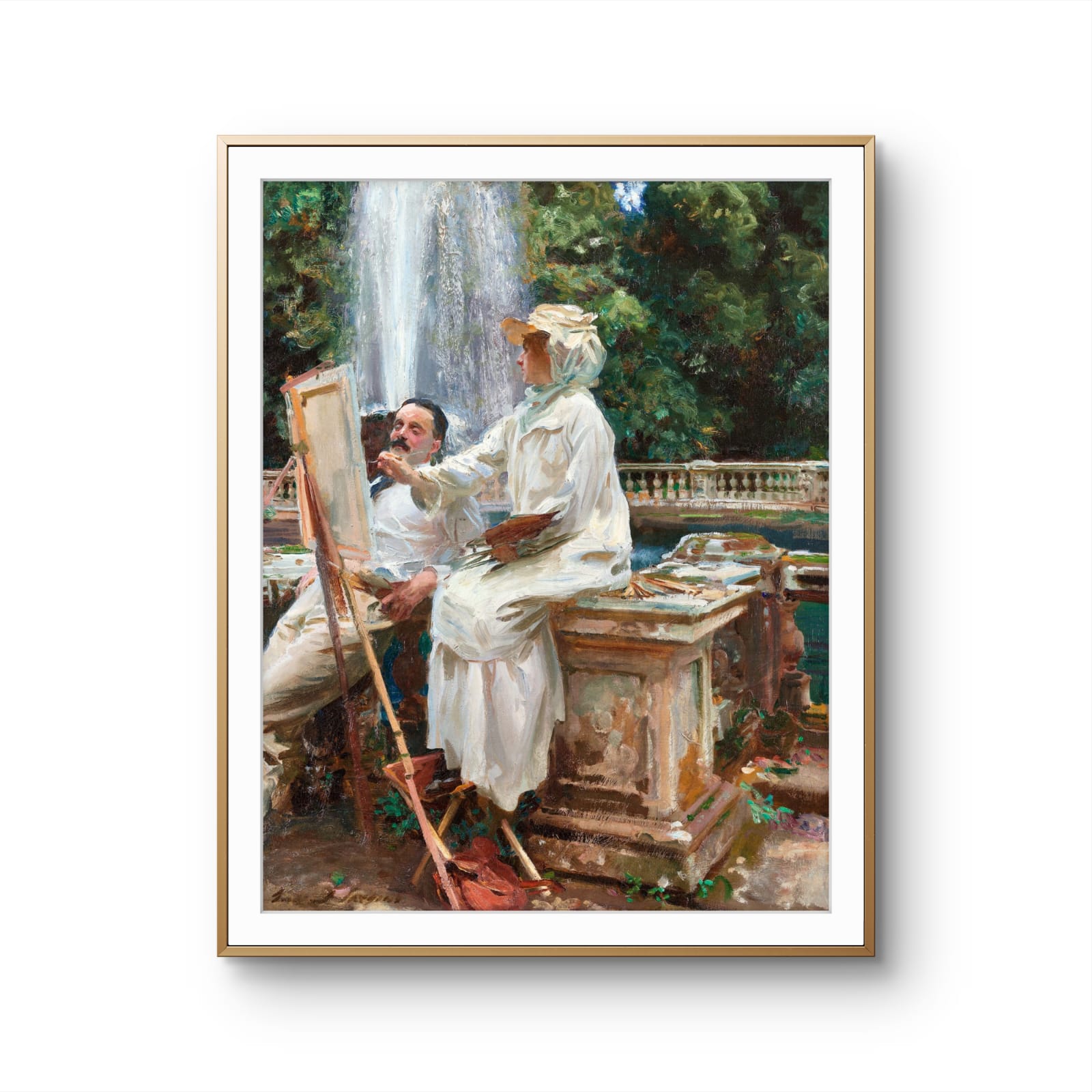 Framed painting of two artists in a garden with a waterfall.