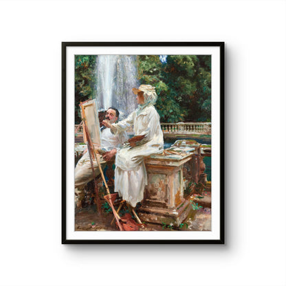 Framed painting of two artists in a garden with a waterfall.