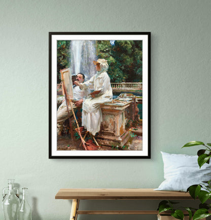 Framed painting of a couple by a waterfall on a wall above a wooden bench.