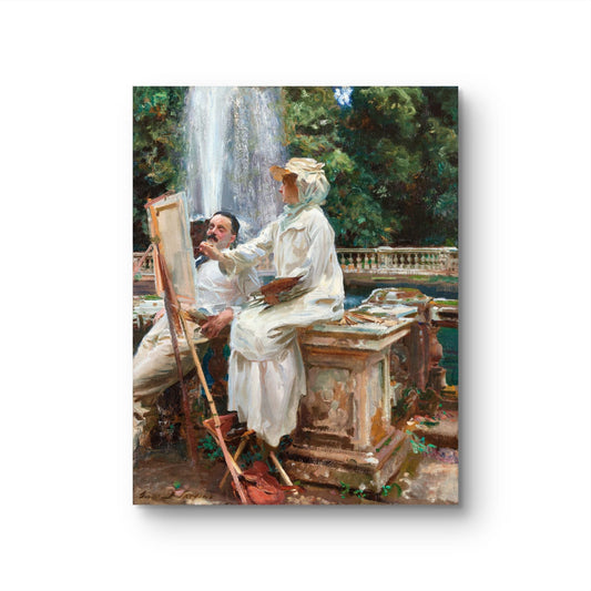 Painting of two artists in a garden with a waterfall