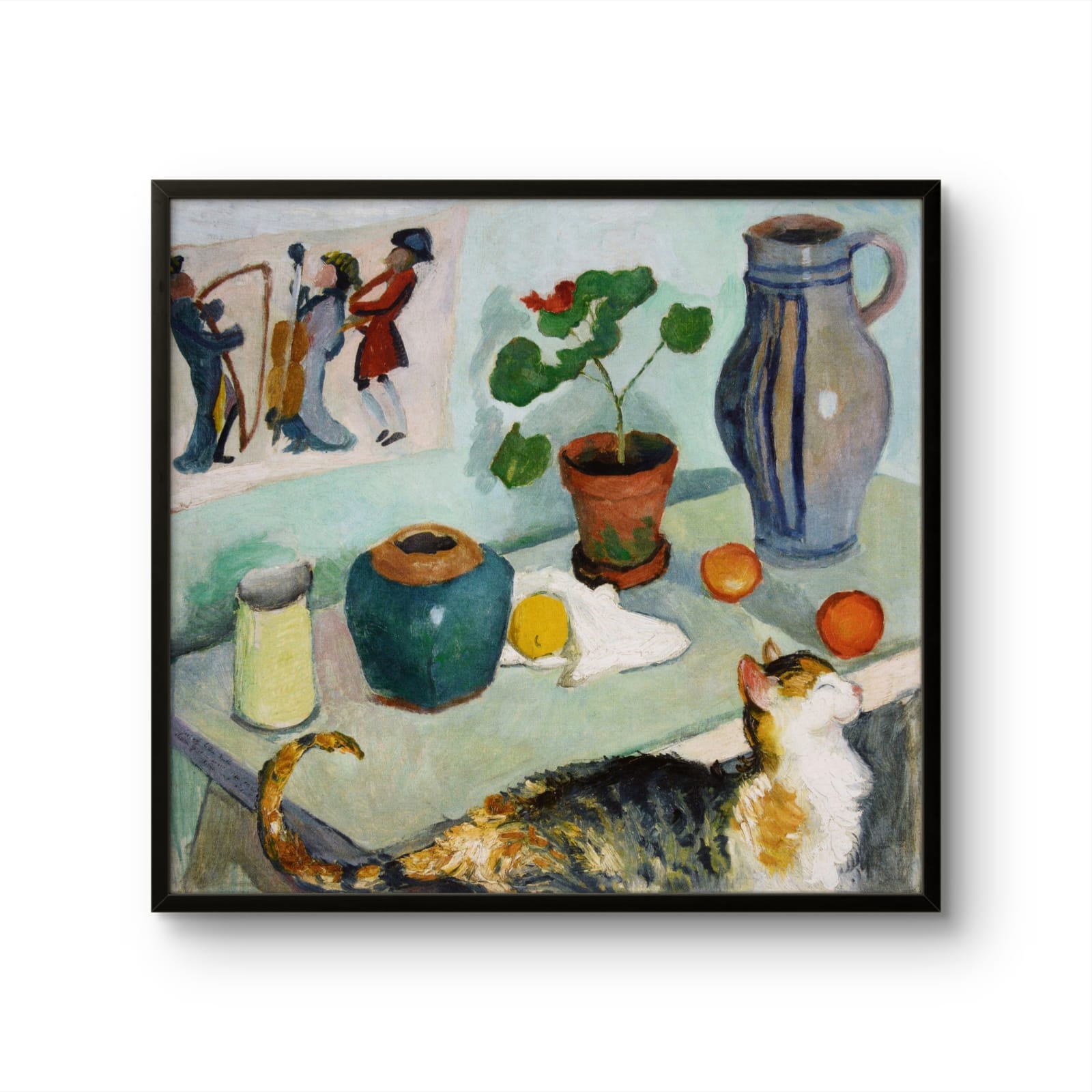 Framed artwork of a still life scene with a cat, fruits, and vases on a table.