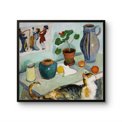 Framed artwork of a still life scene with a cat, fruits, and vases on a table.