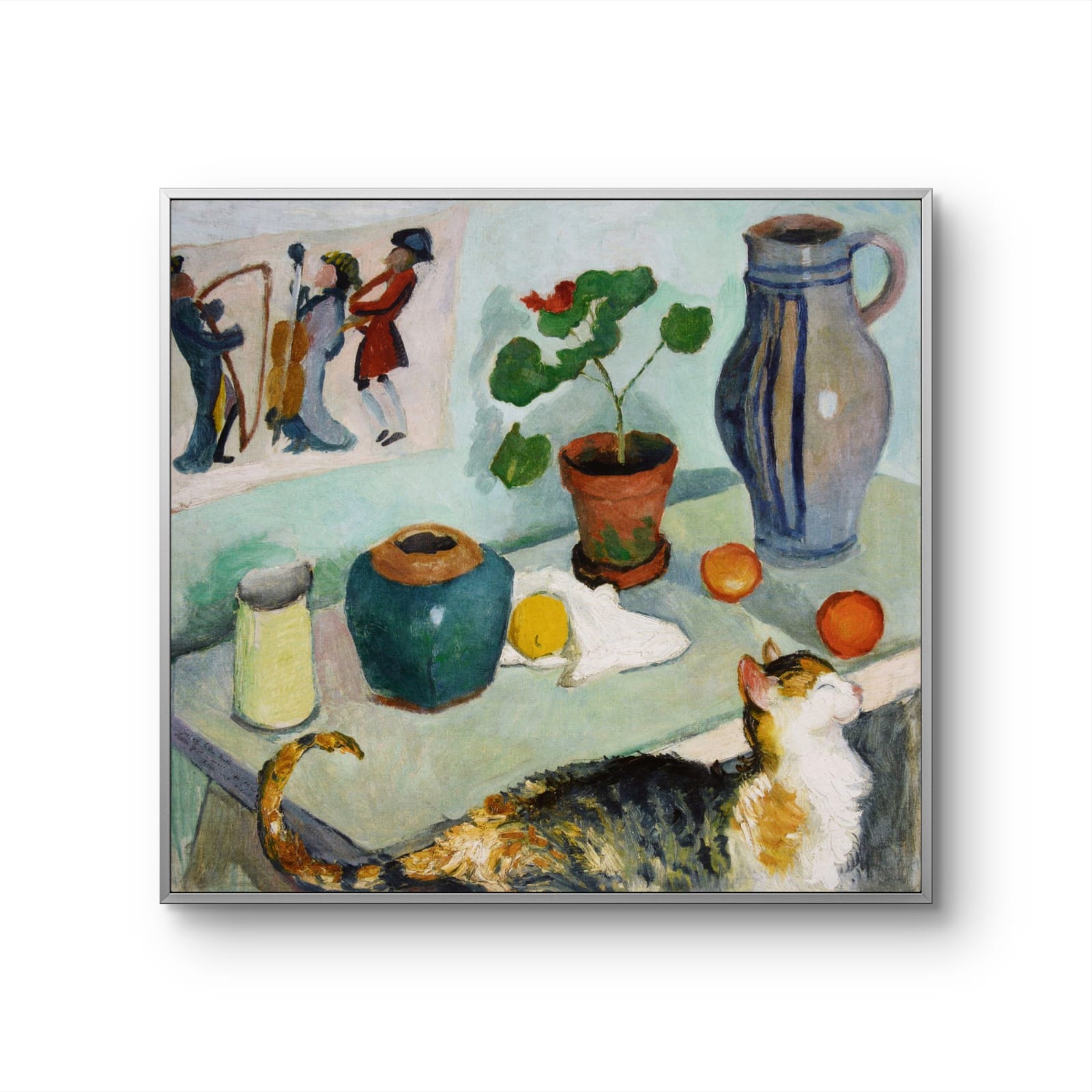 Framed artwork of a still life scene with a cat, vases, and a plant on a table.