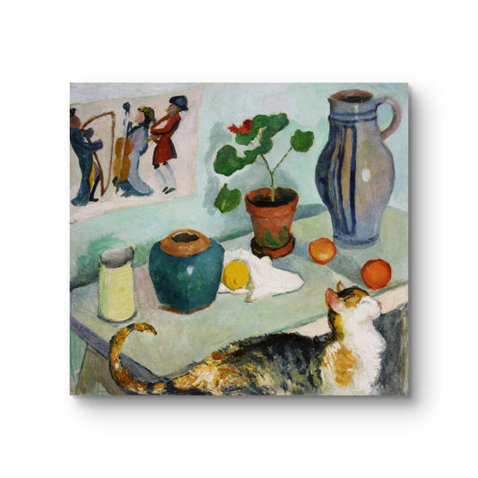 Painting of a cat lying on a table with vases, fruits, and a plant.
